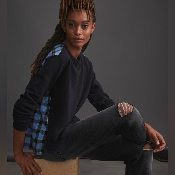 NWT Anthropologie Pilcro Contrast Plaid Flannel Sweatshirt, Small - Picture 2 of 13